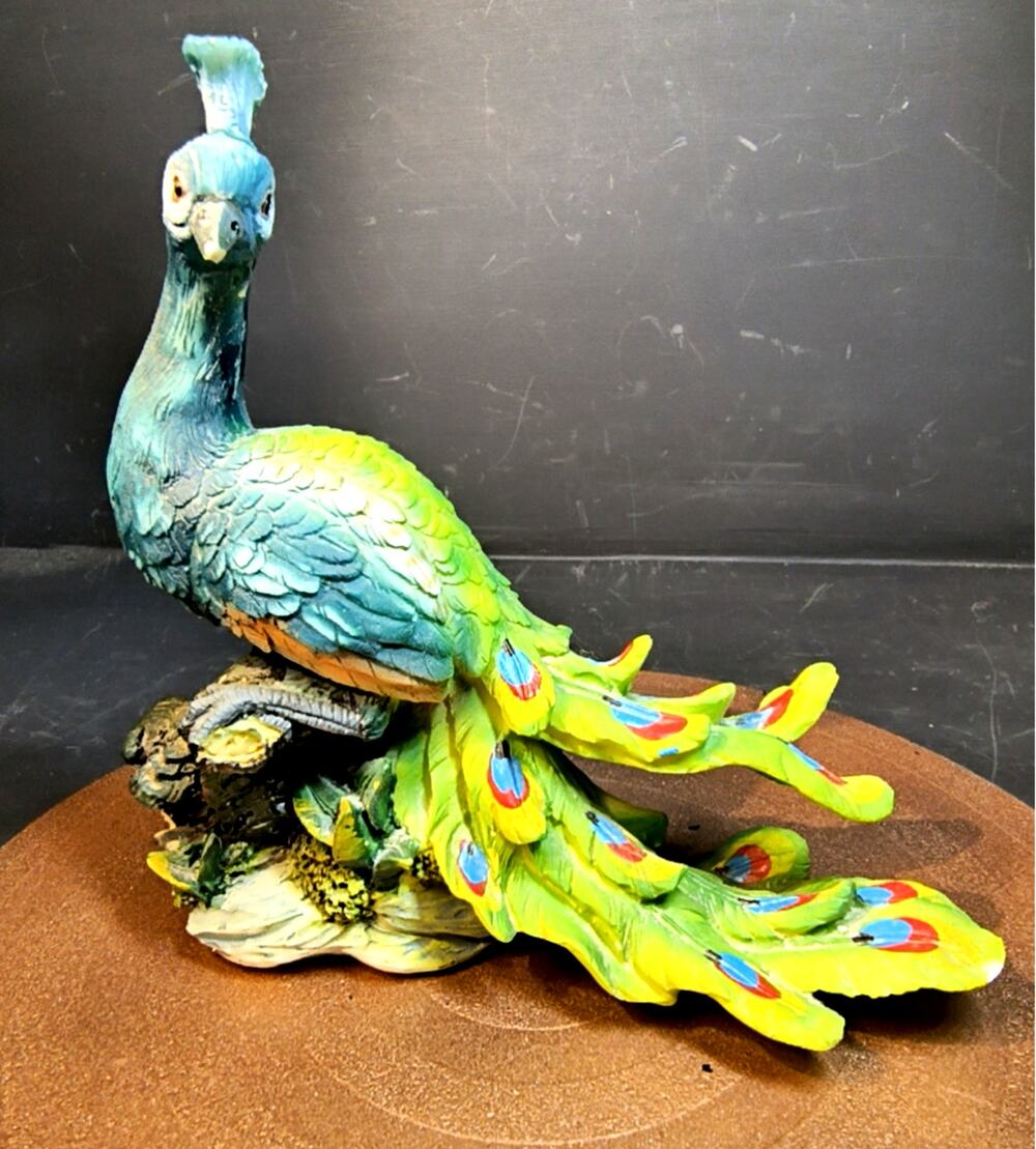 2135. Resin Peacock Figurine Hand Painted Vibrant Colors Perched On A Log